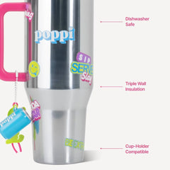 HydroJug x Poppi 40 fl oz Stainless Steel Straw Tumbler Silver Chrome Stickers