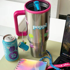 HydroJug x Poppi 40 fl oz Stainless Steel Straw Tumbler Silver Chrome Stickers